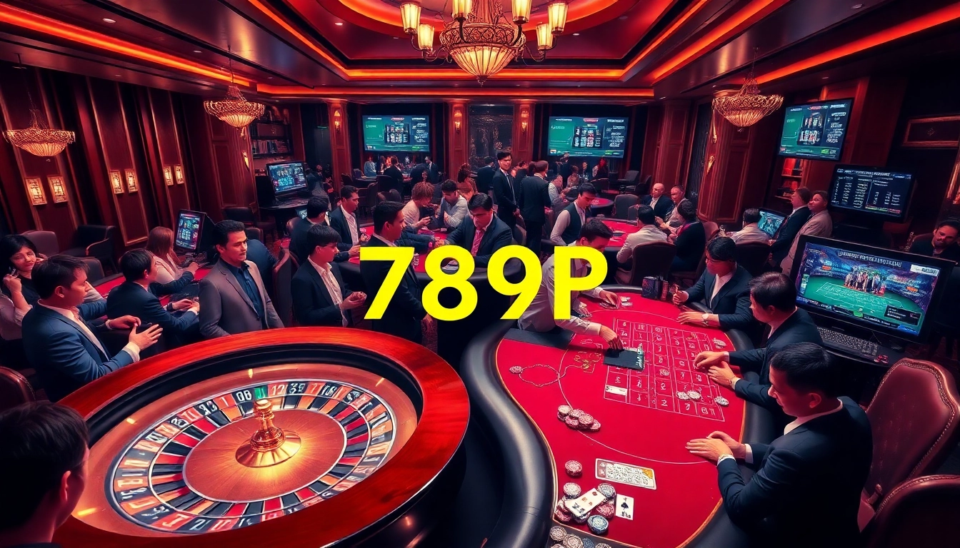 Engaging casino scene with players at 789P roulette and poker tables, vibrant atmosphere.