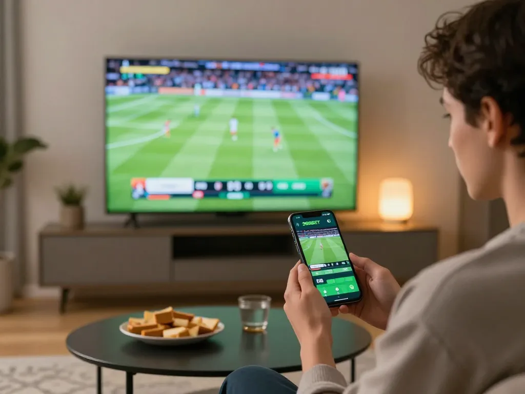 SBOBET app displayed on smartphone with live sports betting reaction in modern living room
