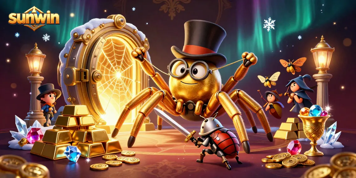 Experience excitement at Sunwin with a dynamic scene of a golden tarantula and knight amidst casino treasures.