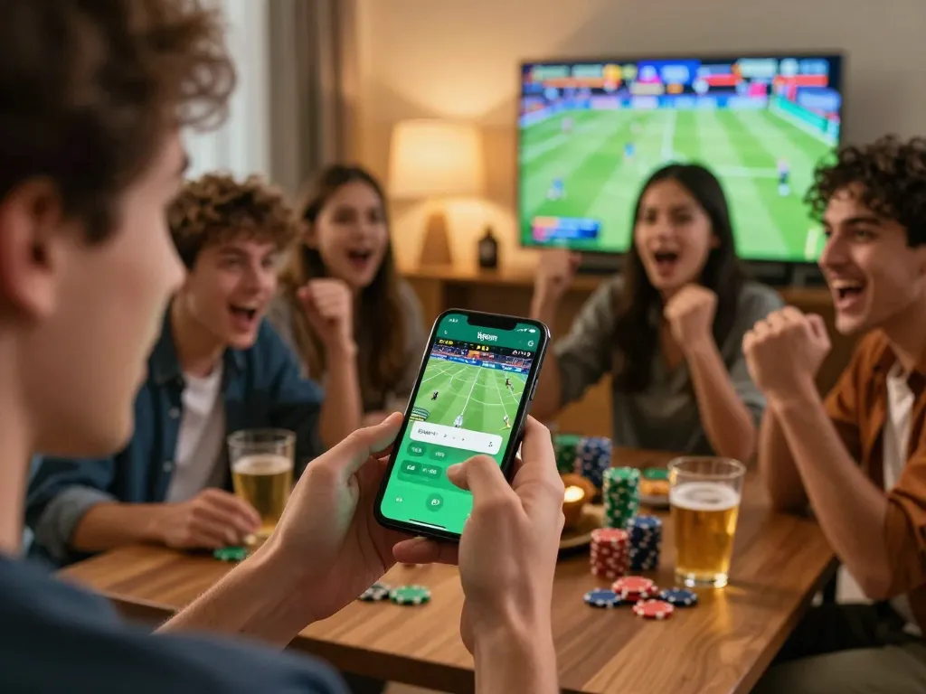 Engaged user betting on 1gom app during live sports event in lively home gaming setup.