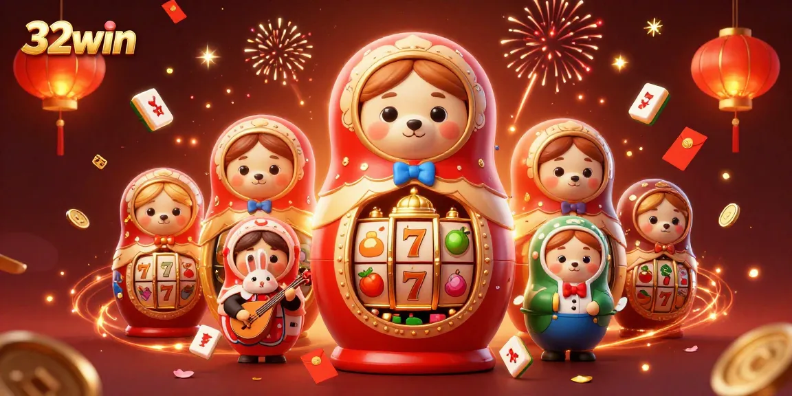 Experience the excitement of 32win with vibrant scenes of casino gaming, including slot reels and festive decorations.