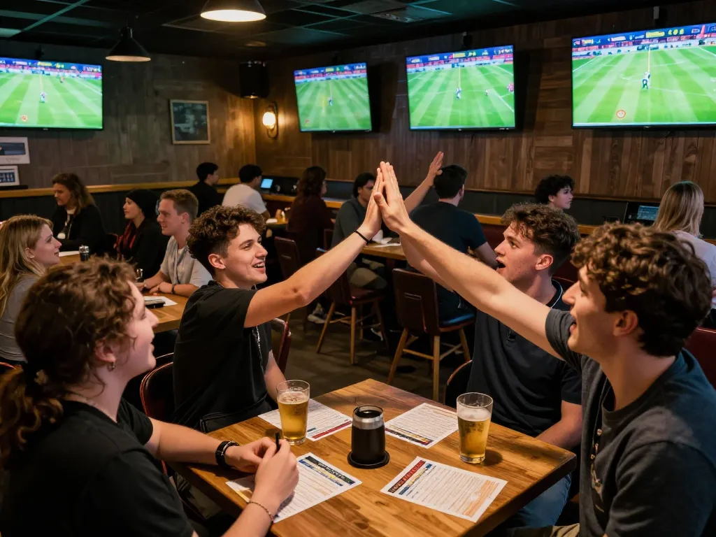 Kèo nhà cái patrons engaged in sports betting, celebrating wins in a vibrant sports bar atmosphere
