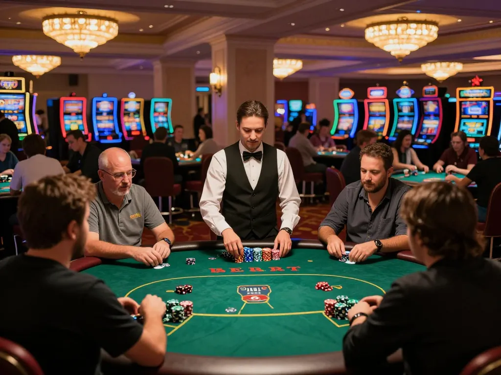Win678 poker players engaged in thrilling gameplay surrounded by vibrant casino atmosphere.