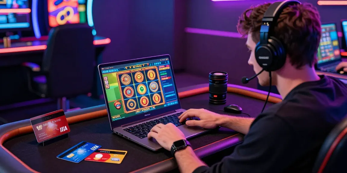 Engaging scene of a player enjoying online casinos accepting credit card, surrounded by gaming accessories and vibrant interface.