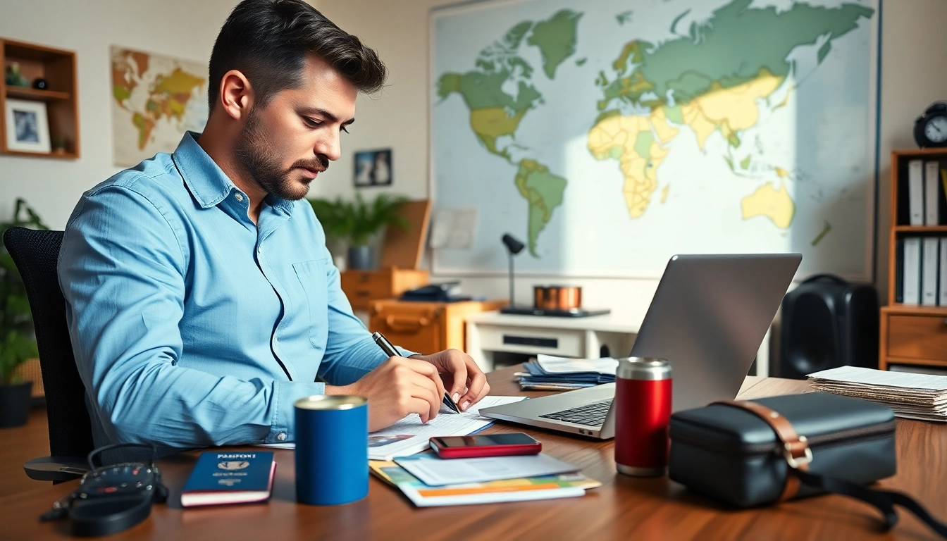 Traveler completing the eta uk application form with travel essentials in their workspace.