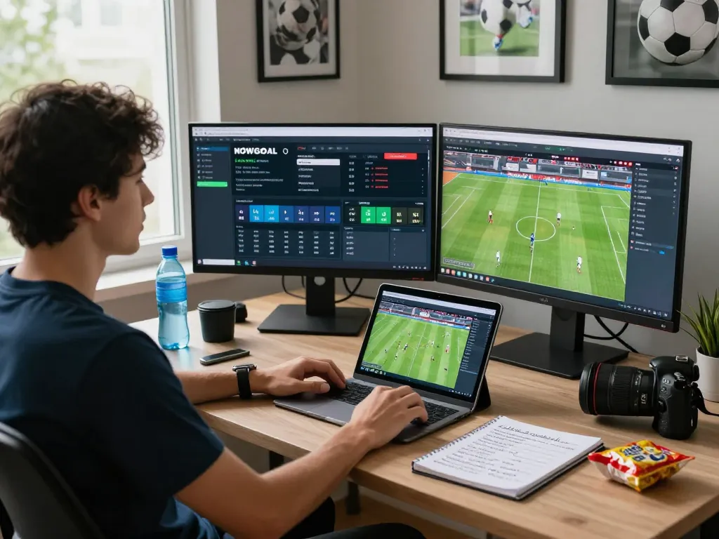 Person analyzing NOWGOAL live scores and betting data in a modern home office.