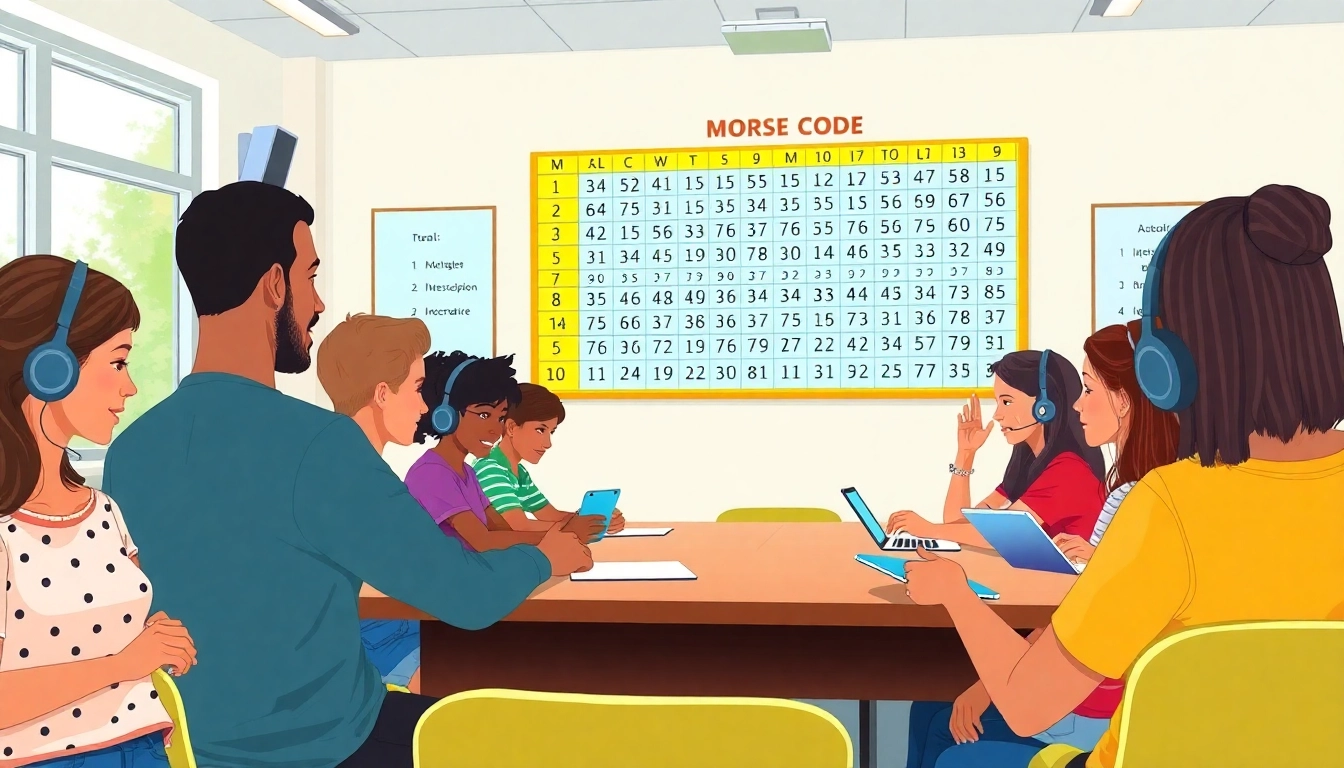Morse code table displayed in a vibrant classroom with diverse students practicing Morse code together.