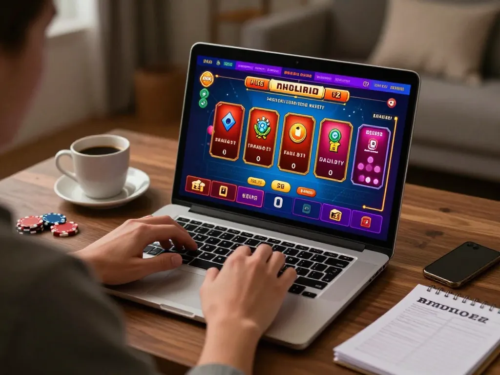 Engaging in online gaming with SHBET on a laptop, showcasing vibrant table game interface and cozy environment.