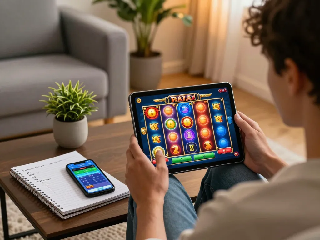Engaged player exploring raja slot game on tablet in cozy living room.