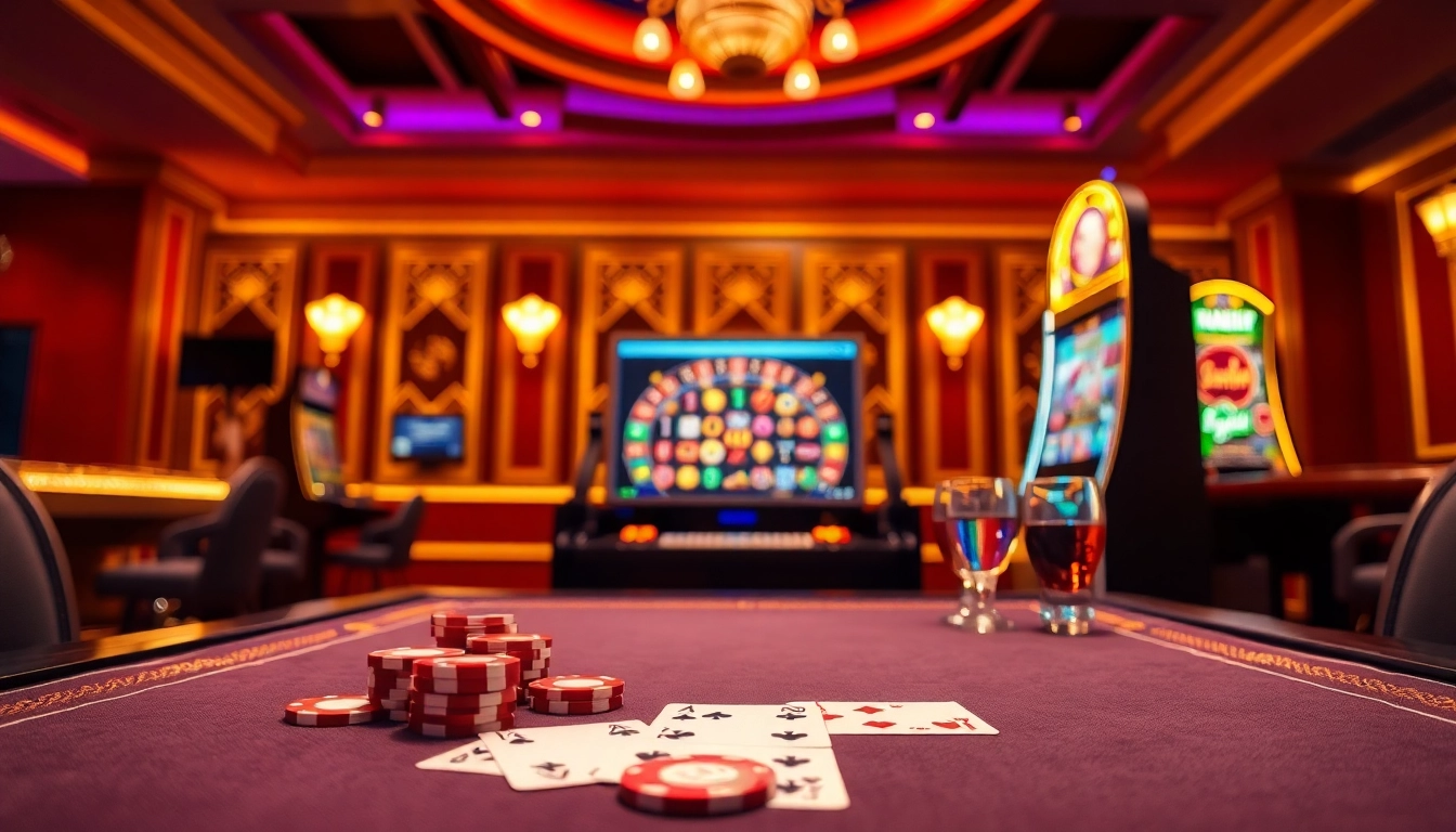 Visually engaging scene of nk88 casino with vibrant tables, cards, and exciting slots.
