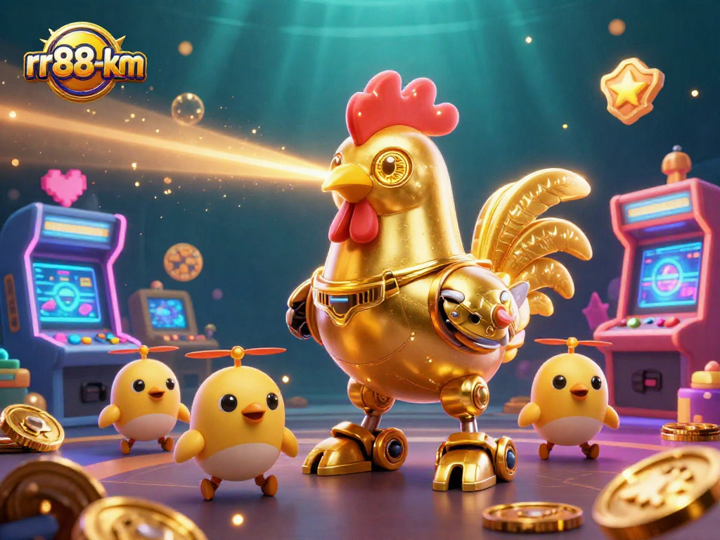 Watch the rr88-km golden rooster robot easily win the game with vibrant elements and gaming icons.