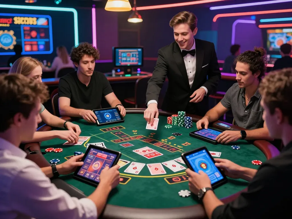 Engaged players in a vibrant nk88 online casino gaming experience with digital blackjack table and lively dealer.