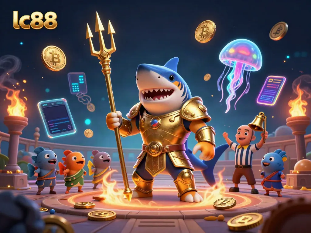 Engage with lc88's thrilling underwater casino adventure featuring a fierce shark in gladiator armor.