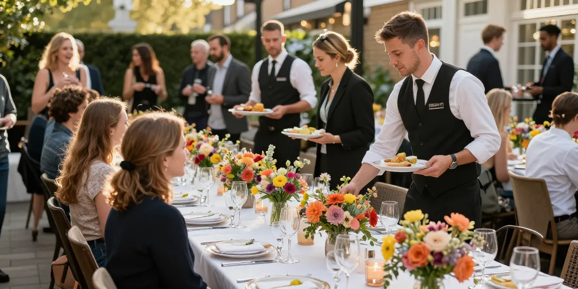 Catering Hire London setup with elegant tables and professional staff preparing for an event.