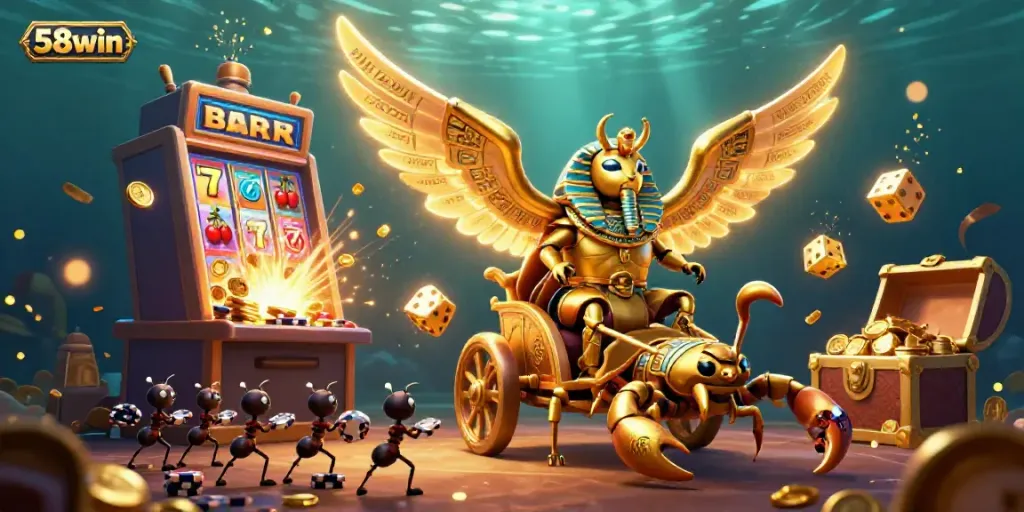 58win casino scene featuring a colossal scarab beetle with scorpions, rich with slot machine elements and glowing coins.