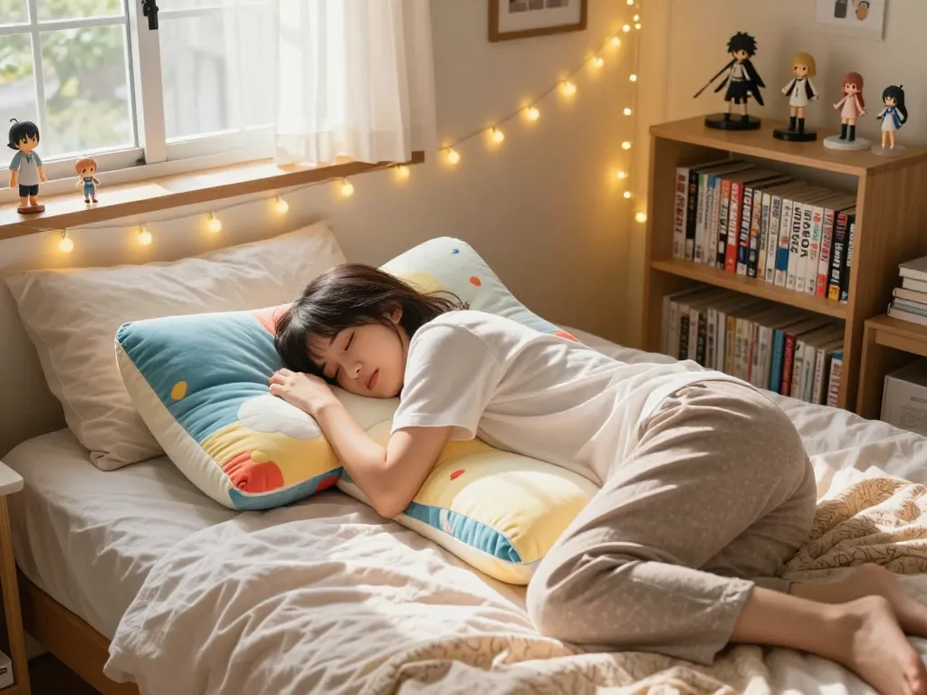 Comfortable bedroom with a dakimakura body pillow embraced by a person, surrounded by anime decor and warm lighting.