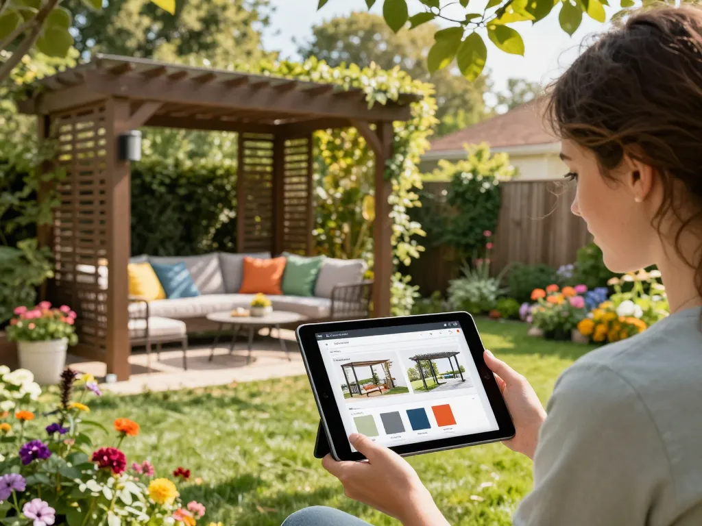 Hands-on experience with a pergola configurator, showcasing design options amidst a beautiful garden setting.