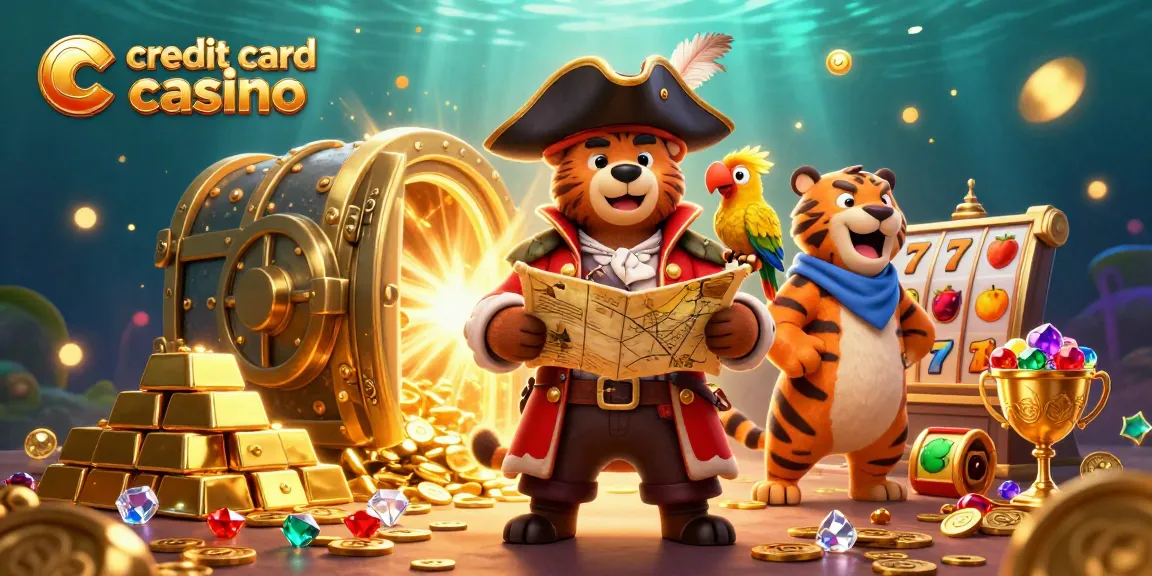 Engage in an exhilarating credit card casino experience with pirate-themed characters amidst golden riches and slot elements.