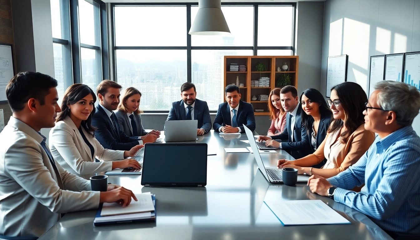 Lawyers for business setup in the US collaborating in a modern office environment