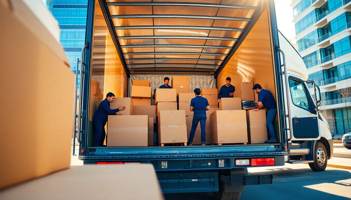 Efficient team from moving companies calgary organizing furniture in a sunny urban environment.