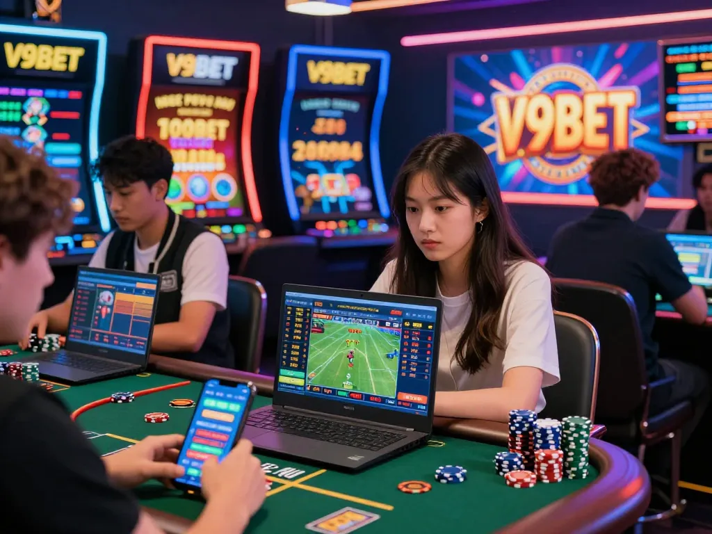 Engaged players experiencing live sports betting on V9BET's digital platform, set in an energetic online casino environment.