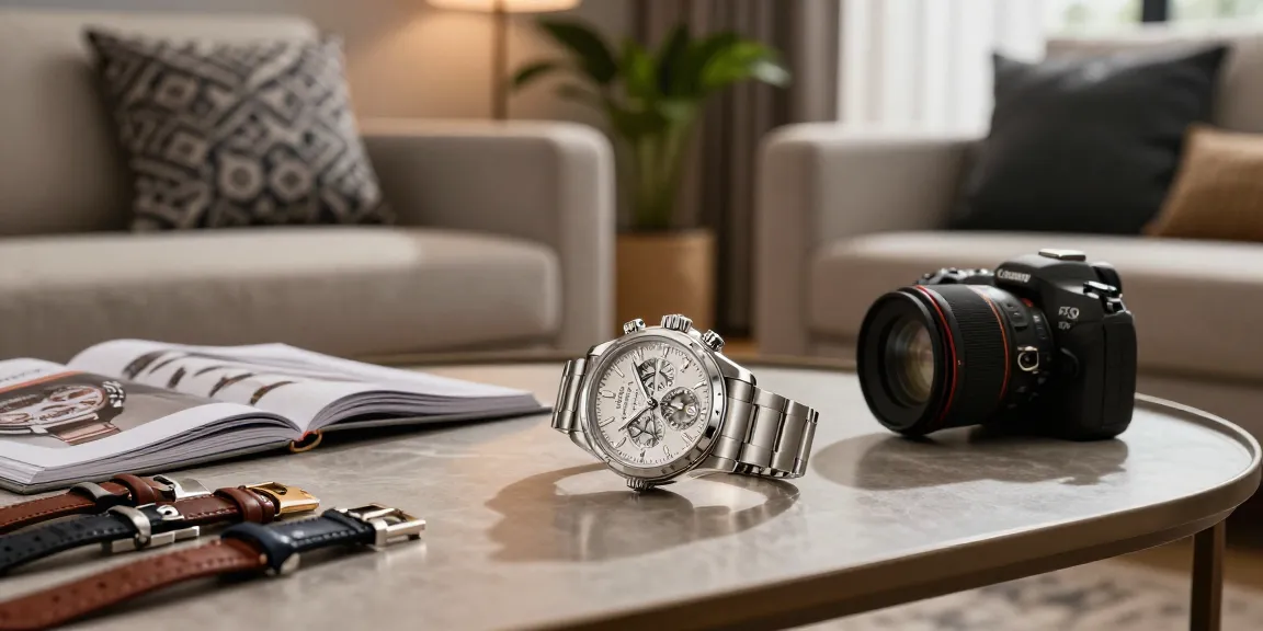 Showcasing a detailed replica watch on a coffee table in a stylish living room, emphasizing luxury and craftsmanship.