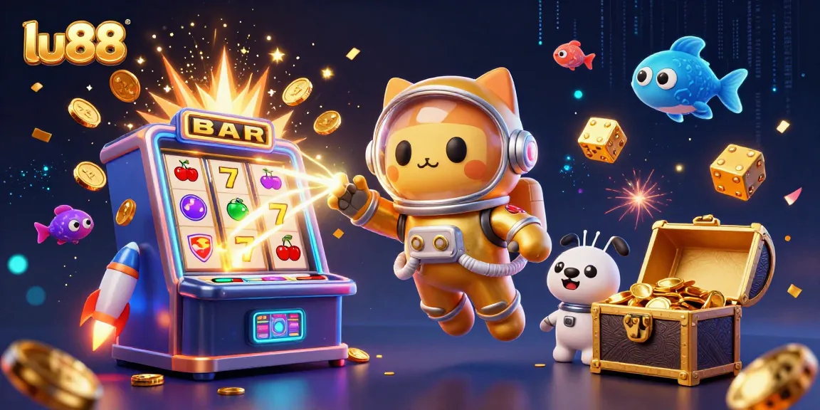 Experience the thrill of gaming with lu88 amidst a burst of slots and casino elements in a cosmic scene.
