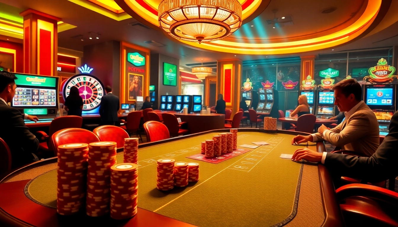 Exciting poker scene at QQ88 COM with colorful chips and roulette wheel in a luxurious casino.