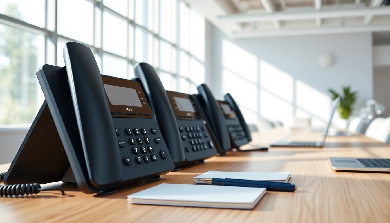 Showcase a modern business phone in a professional office setup, emphasizing sleek design and functionality.