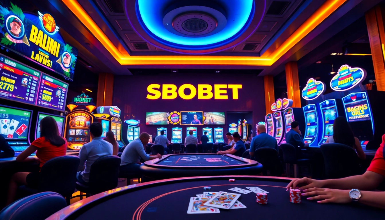 SBOBET online gaming scene showcasing vibrant casino atmosphere with players enjoying poker and slots.