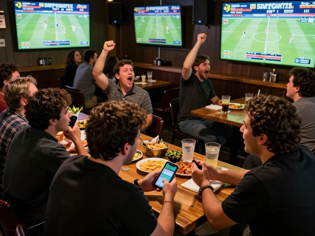Sports enthusiasts placing bets using the https://sky88live.com/ app in a lively bar during a game, showcasing strategic betting moments.