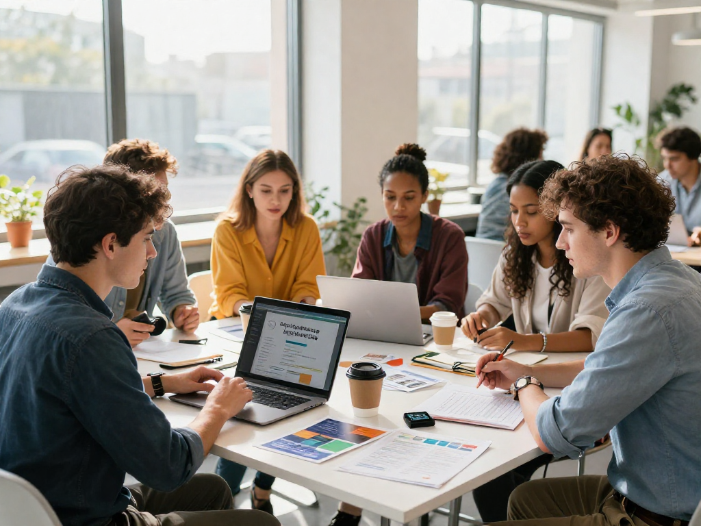 Self-employed solo traders networking in a vibrant office environment, showcasing services and collaborative spirit.
