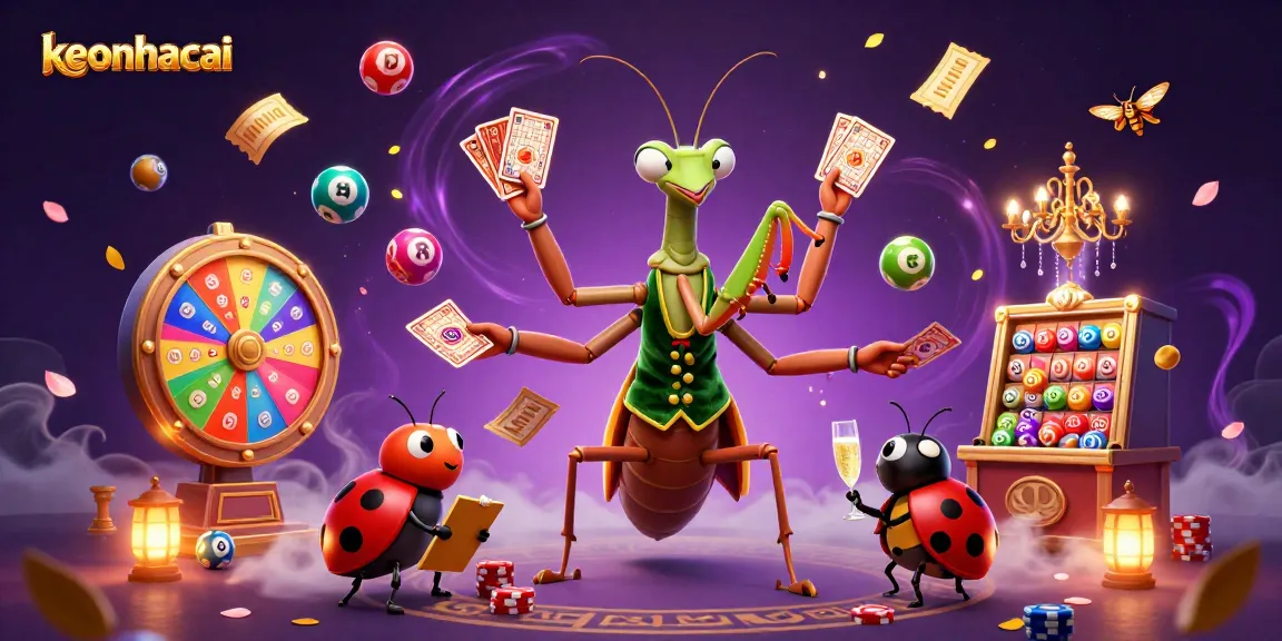 Engage in exciting gaming with keonhacai's colorful cartoon scene featuring a mantis card sharp.