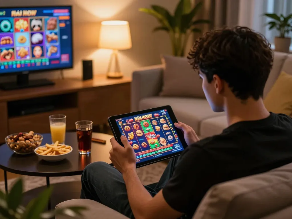 Nổ hũ gaming action displayed on a tablet, showing vibrant slots in a cozy home setting.