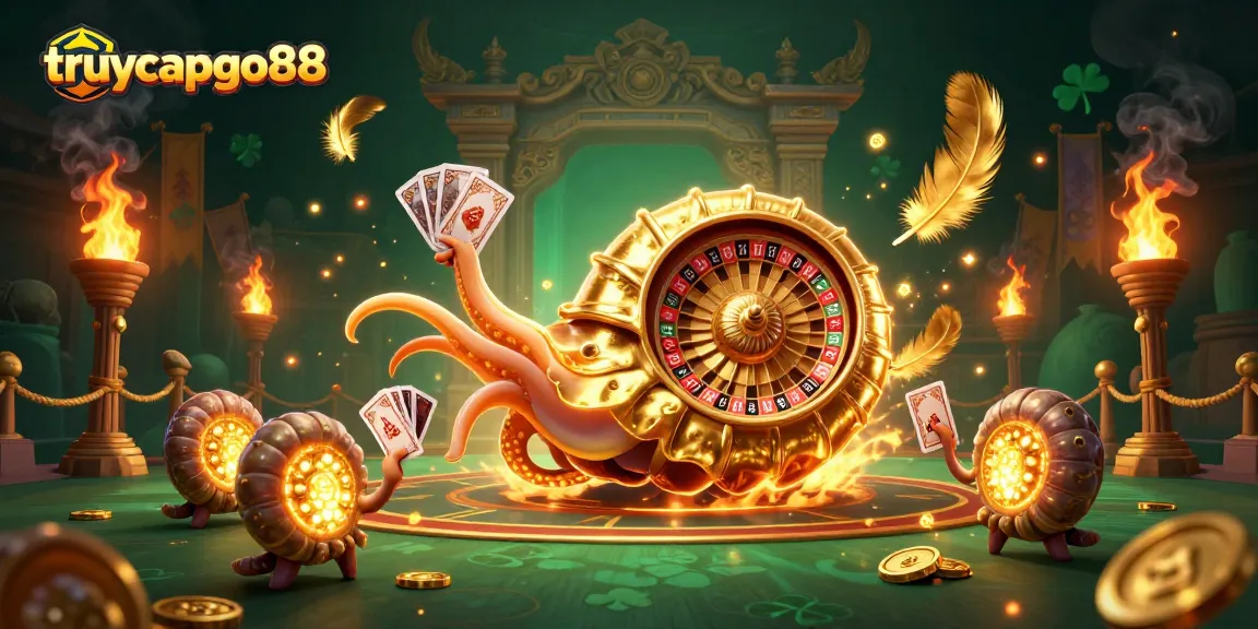 Spin the fortunes at truycapgo88 with a dazzling 3D casino illustration of golden elements and cards.