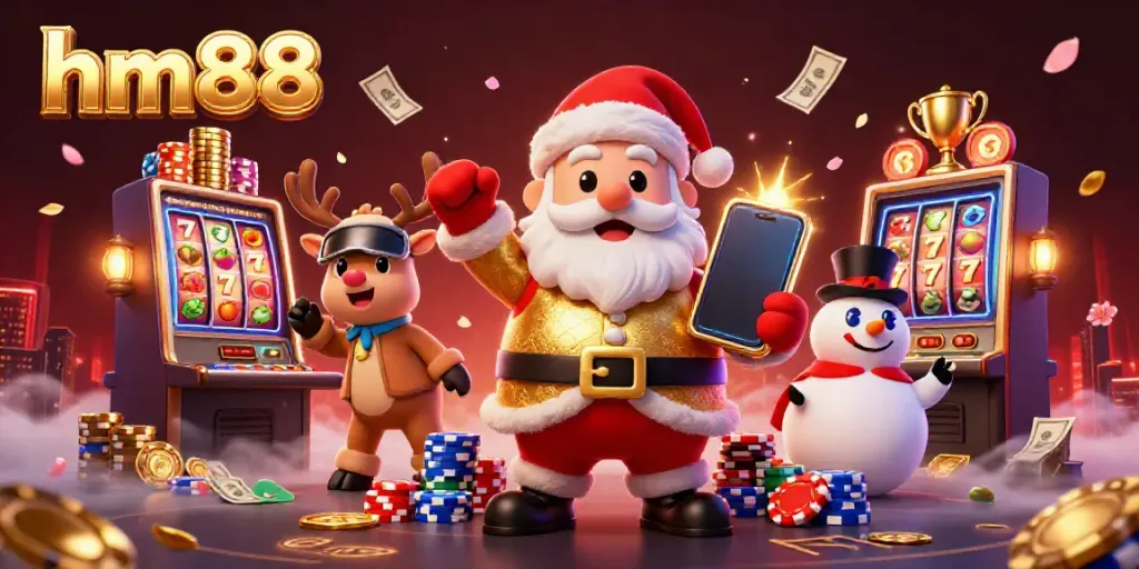 Experience the excitement of hm88 with Santa, a reindeer dealer, and a snowman amidst a vibrant casino scene.