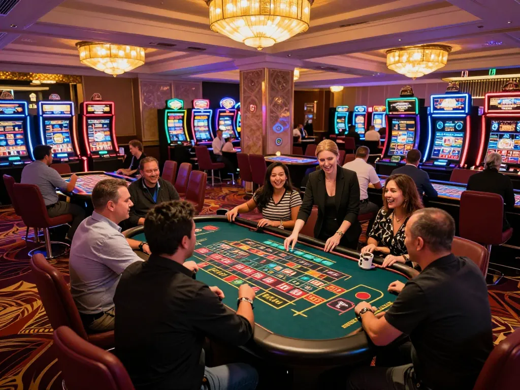 Players enjoying a thrilling roulette game at Cloud-Africa casino, surrounded by vibrant lights and luxury decor.