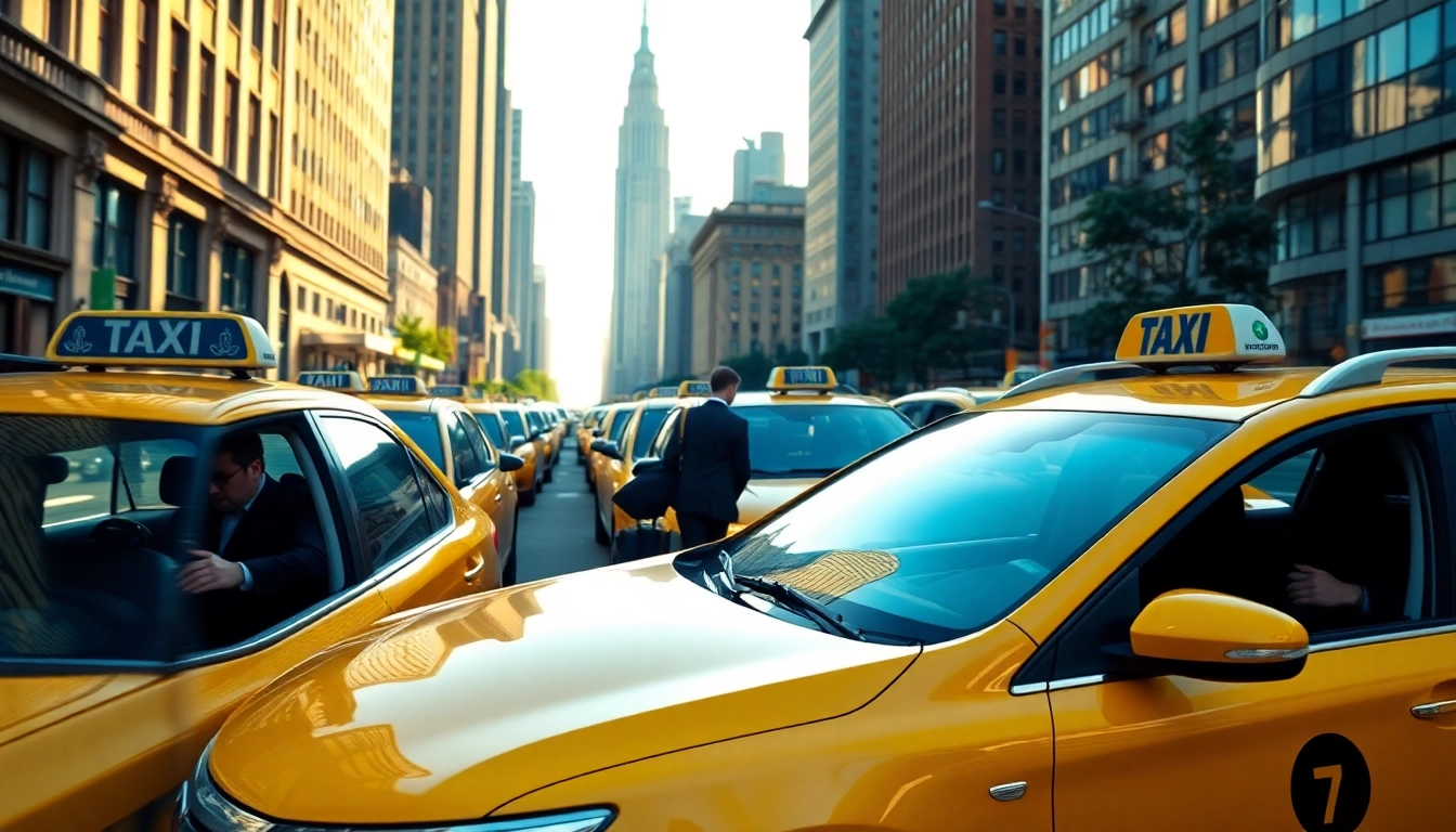 Taxis queued in a busy city street, showcasing vibrant urban life and taxi service.