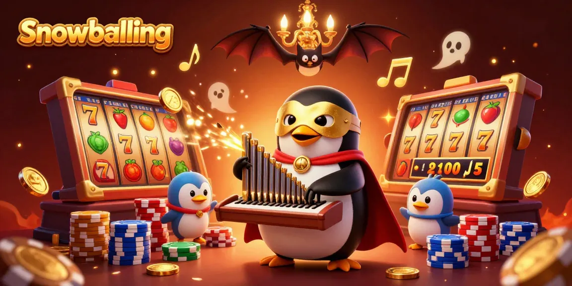 Snowballing penguin plays an organ that shoots coins, surrounded by vibrant slots and poker elements.