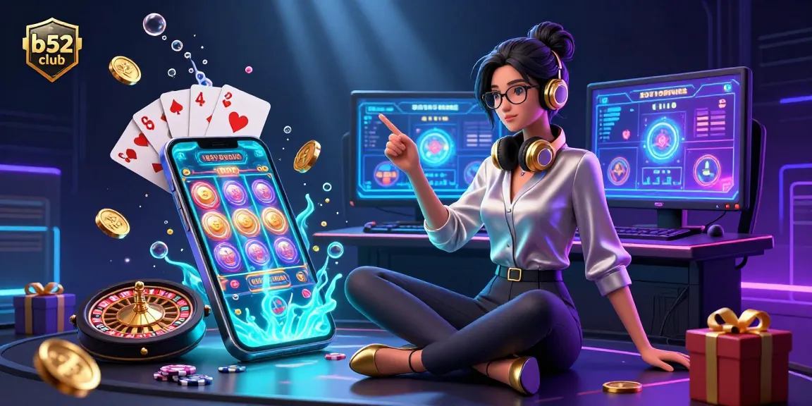 The b52 club scene highlights a gamer immersed in casino action with vibrant game elements and dynamic visuals.