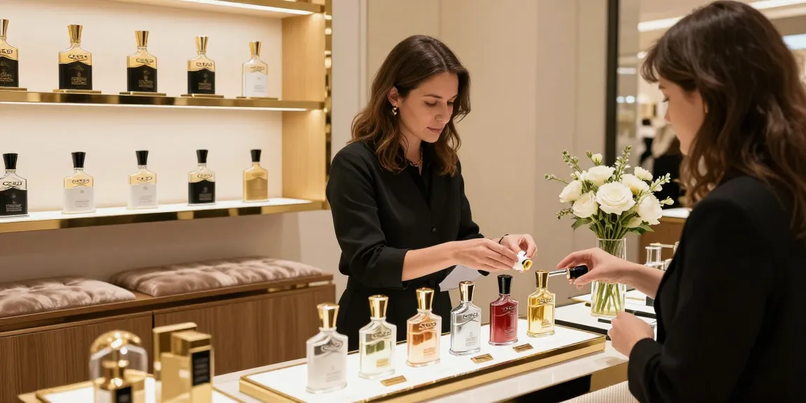 Creed (Aventus only) luxurious fragrance display in a boutique setting with stylish decor.