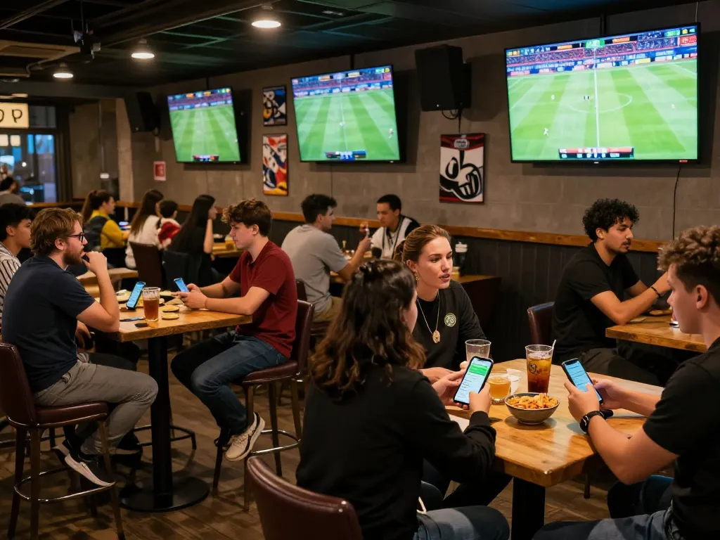 Fans engaging in thrilling soi kèo betting during a live sports match at a vibrant bar