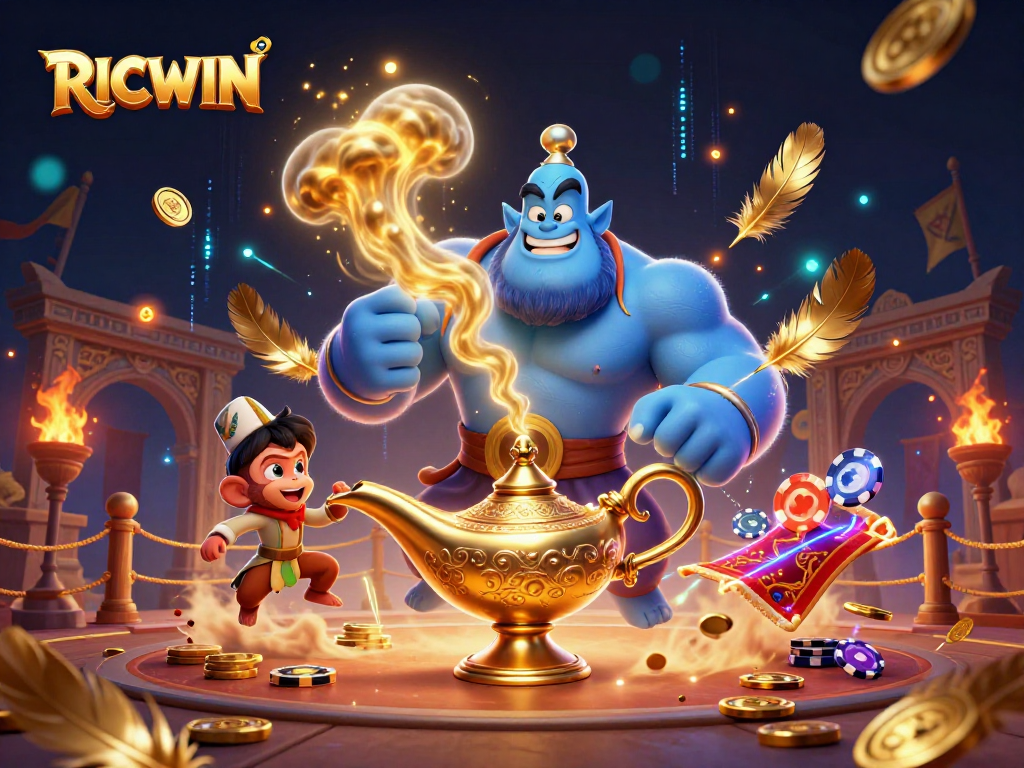 Engage in RICWIN with a magical casino adventure showcasing genies, poker chips, and vibrant elements.
