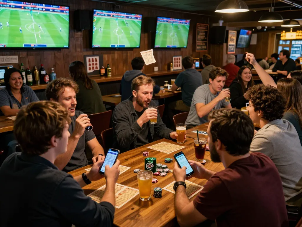 Bongdalu users placing bets and cheering during live sports events at a lively bar.