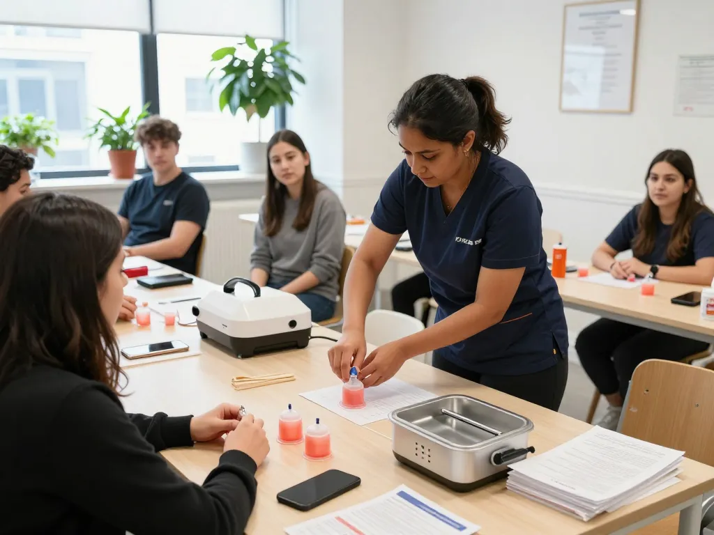 Hands-on Hijama training London workshop with professional instructor and students in serene clinic.