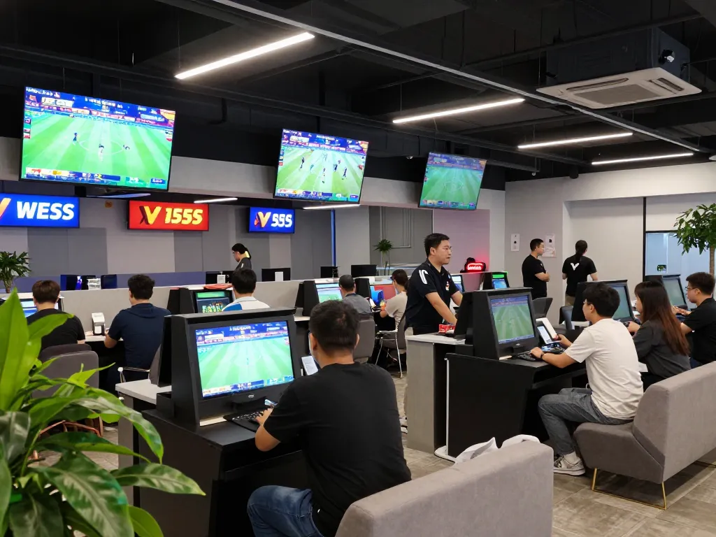 Engaging in live sports betting at BL555 with multiple screens displaying games and eager bettors.