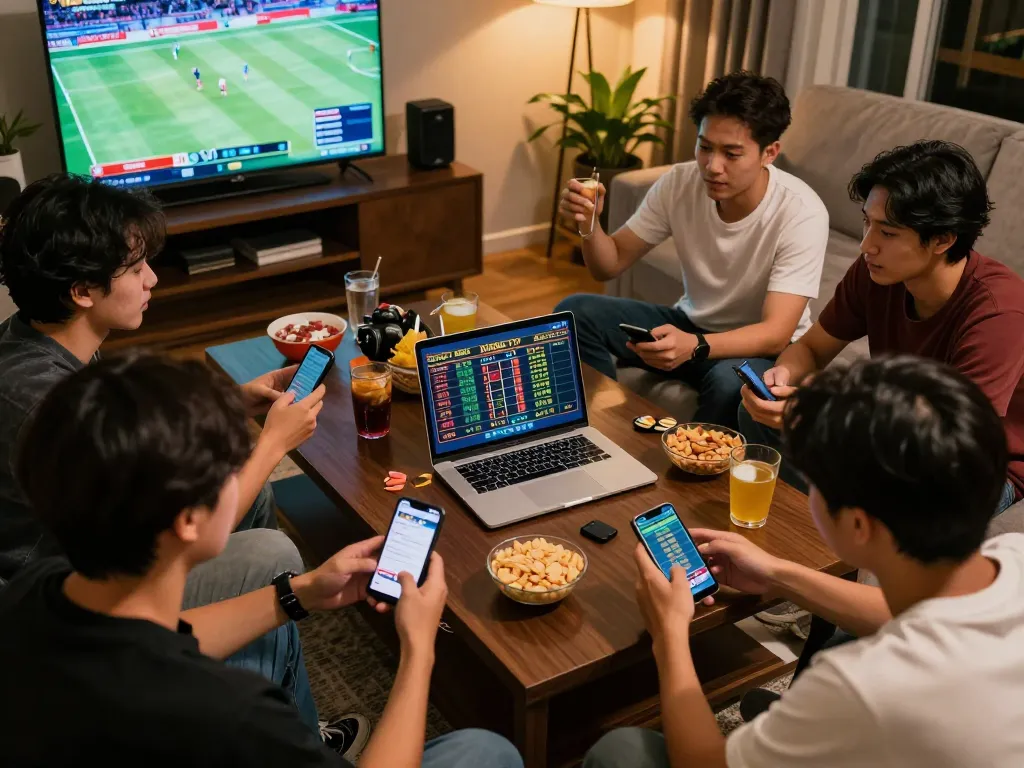 Xoilac sports betting excitement with friends analyzing odds and placing bets at home game night.