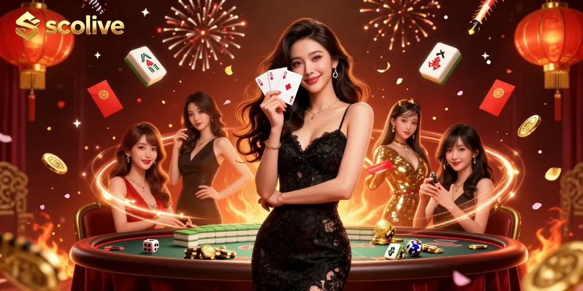 Socolive offers thrilling casino insights with a glamorous Asian woman holding playing cards in luxury surroundings.