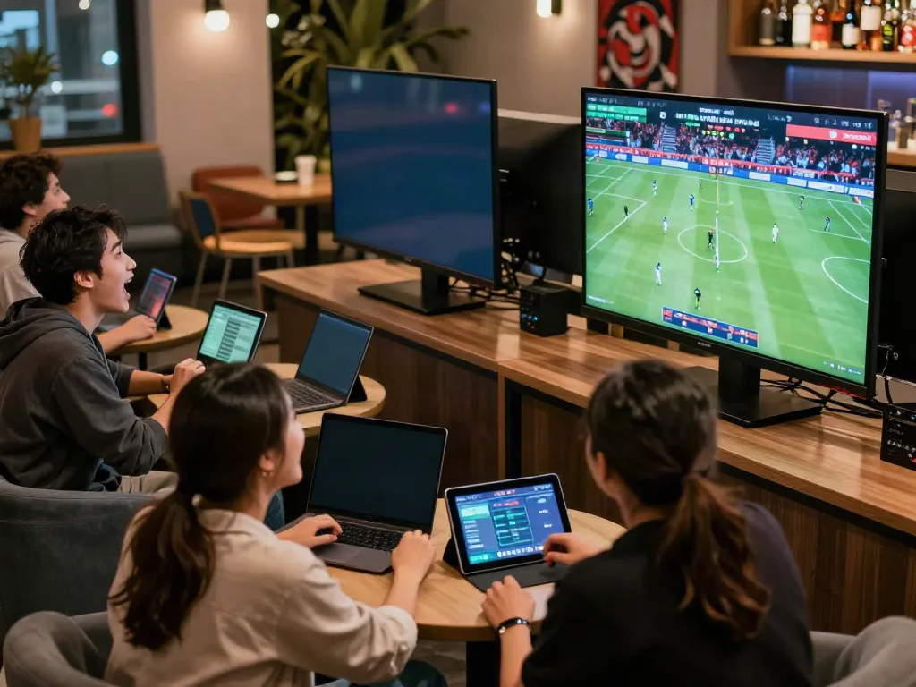 Group of friends enjoying sports betting together with oxbet đăng nhập on their devices.