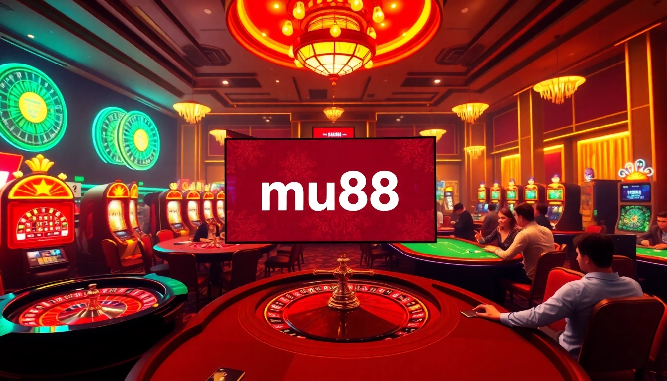 Engage in thrilling online gaming with mu88, featuring casino tables, vibrant slot machines, and animated players.